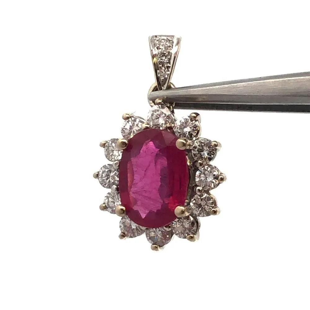 Estate 14K White Gold Oval Ruby Diamond Halo Pendant - Picture 5 of 11